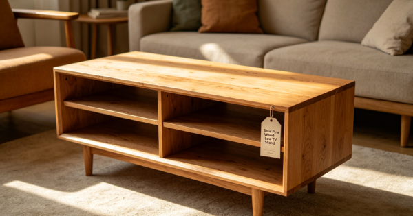 Solid Pine Wood Low TV Stand with Two Open Shelves