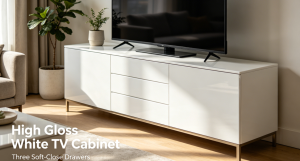 High Gloss White TV Cabinet with Three Soft Close Drawers