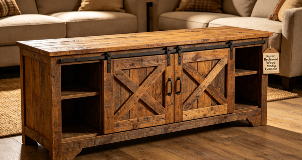 Rustic Reclaimed Wood Media Console with Two Barn Doors