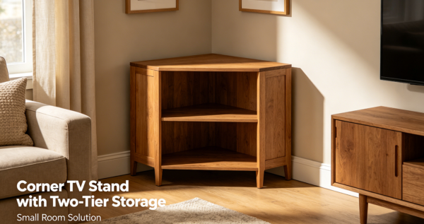 Corner TV Stand with Two Tier Storage for Small Rooms